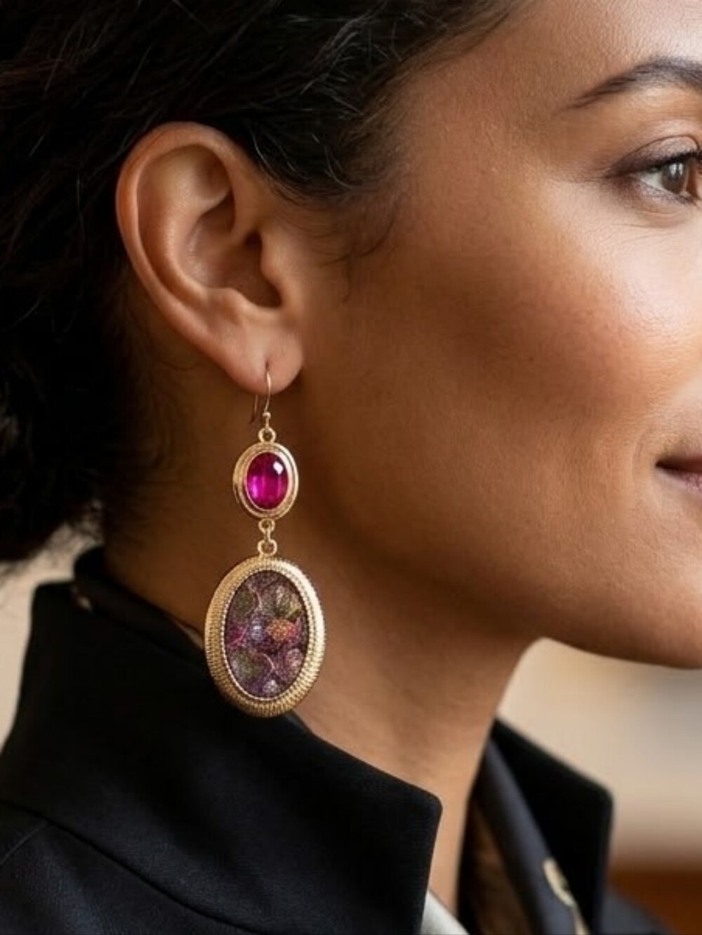 For You by Jen Gold Drop Earrings with Fuchsia Gem Statement Earrings NWT